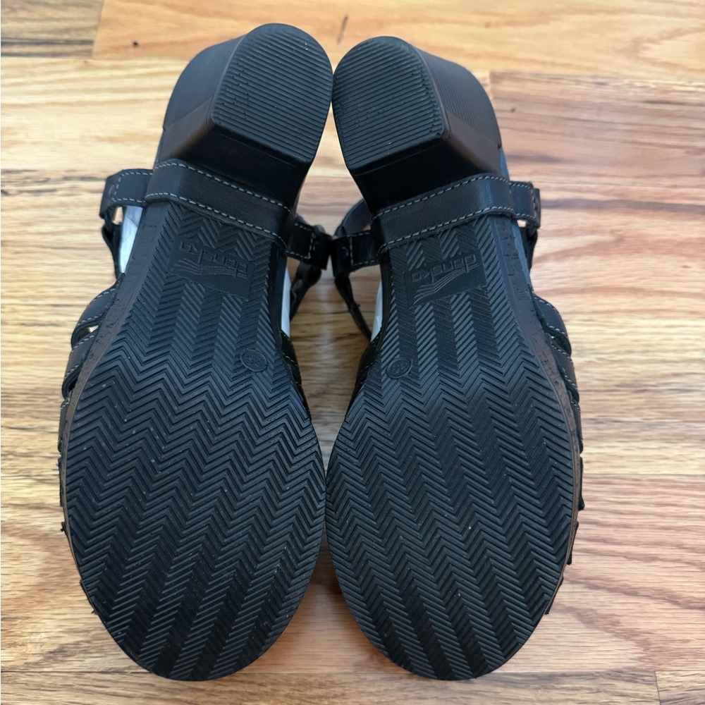 Dansko Randa Black Leather Sandals Peep Toe Chunky Heels Size EUR 39 US 8.5/9 - Picture 7 of 13